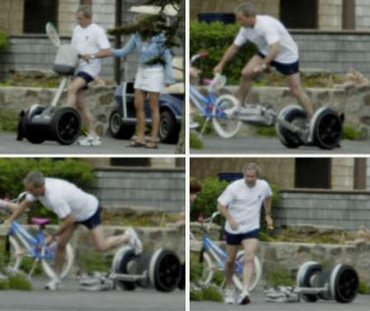 From Yahoo News: U.S. President George W. Bush is pictured in this combo image falling off a Segway personal transporter on the front driveway of his parents' summer home June 12, 2003 in Kennebunkport, Maine. Bush arrived from Washington to spend the weekend with his father, former President George Bush, who celebrates his 79th birthday today and his mother Barbara. Bush was not injured in the fall. REUTERS/Jim Bourg